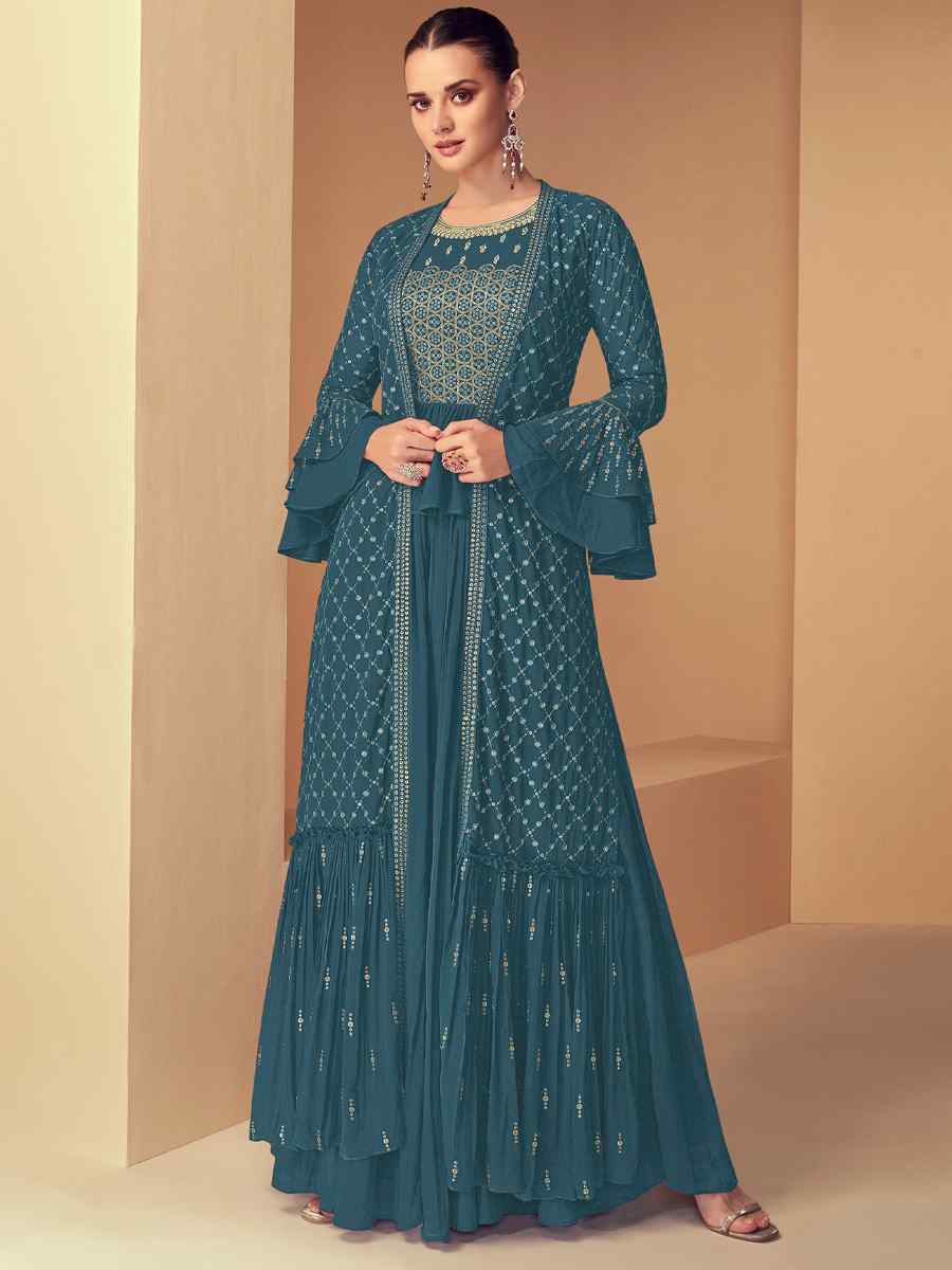 Sea Blue Heavy Faux Georgette Embroidered Festival Wedding Anarkali Salwar Kameez