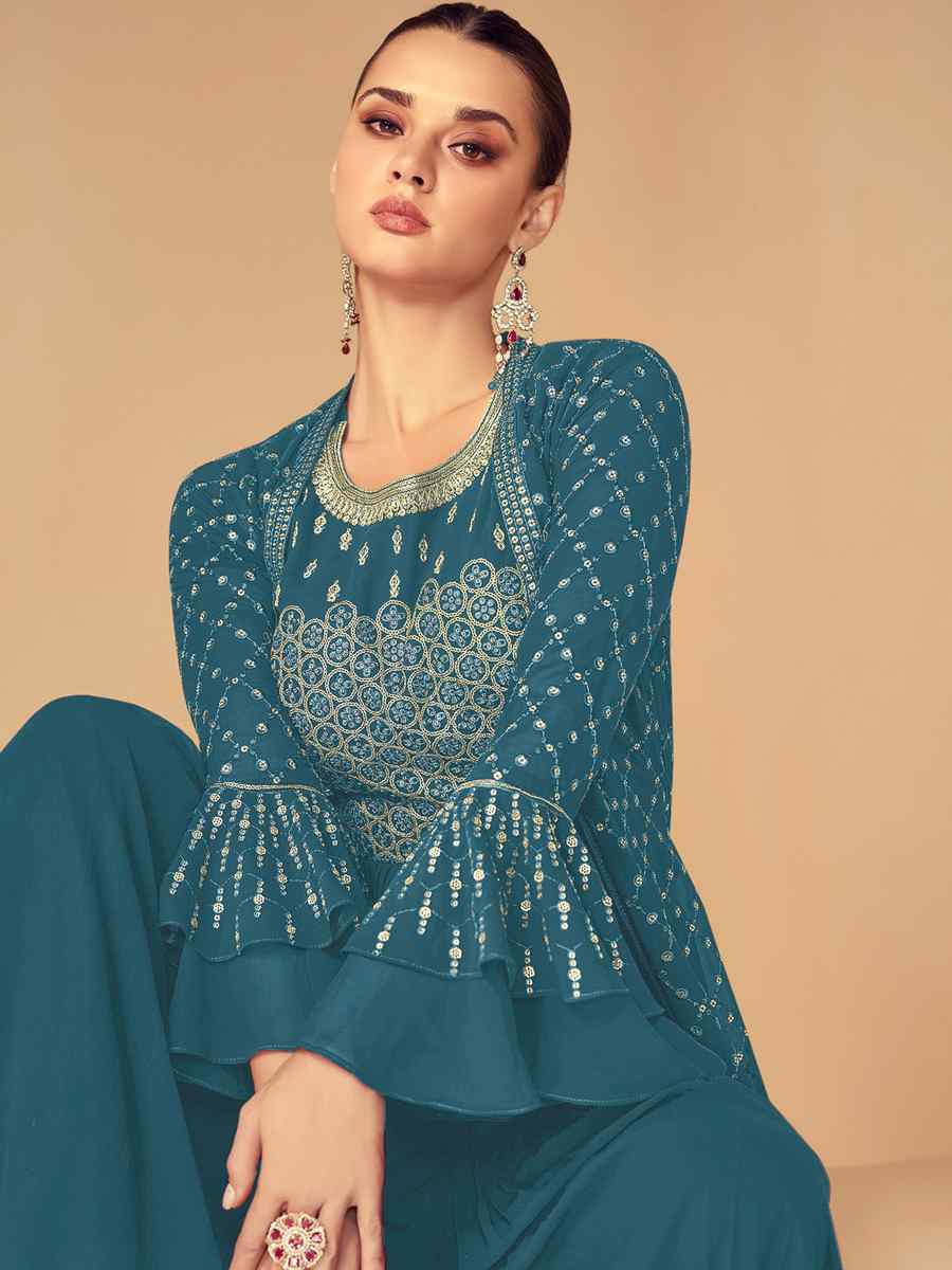 Sea Blue Heavy Faux Georgette Embroidered Festival Wedding Anarkali Salwar Kameez