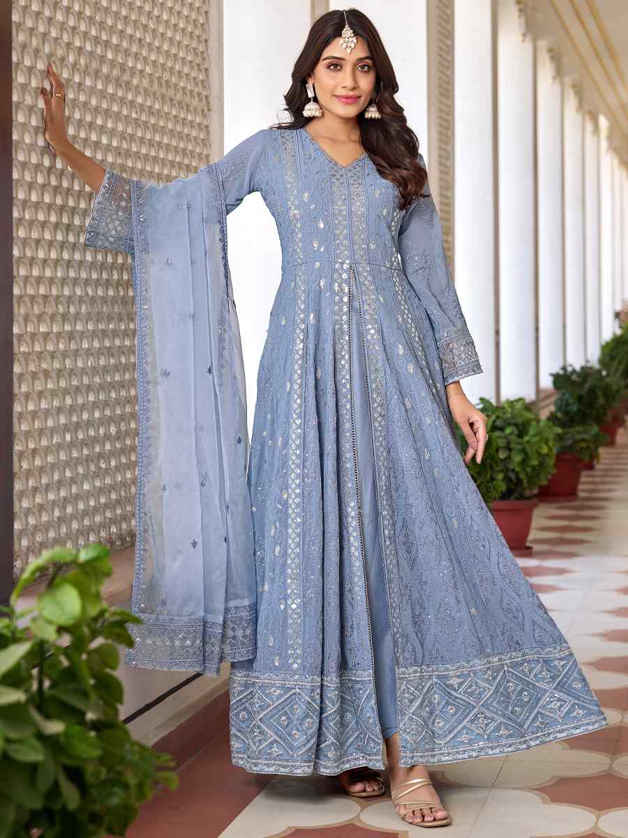 Sea Blue Heavy Faux Georgette Embroidered Festival Wedding Anarkali Salwar Kameez