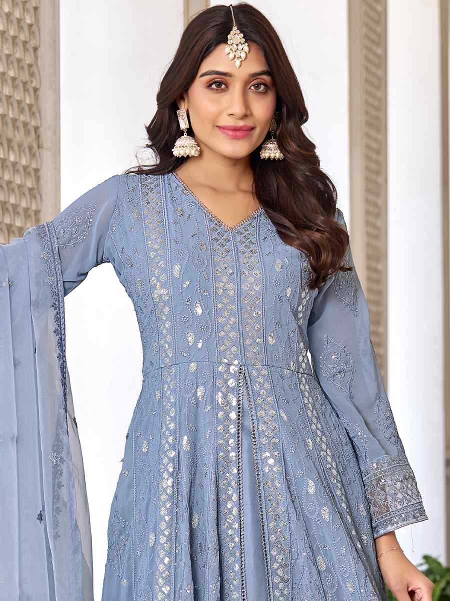 Sea Blue Heavy Faux Georgette Embroidered Festival Wedding Anarkali Salwar Kameez