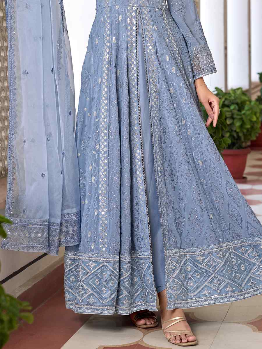 Sea Blue Heavy Faux Georgette Embroidered Festival Wedding Anarkali Salwar Kameez