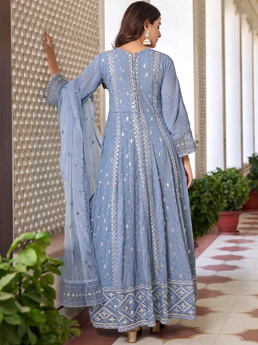 Sea Blue Heavy Faux Georgette Embroidered Festival Wedding Anarkali Salwar Kameez