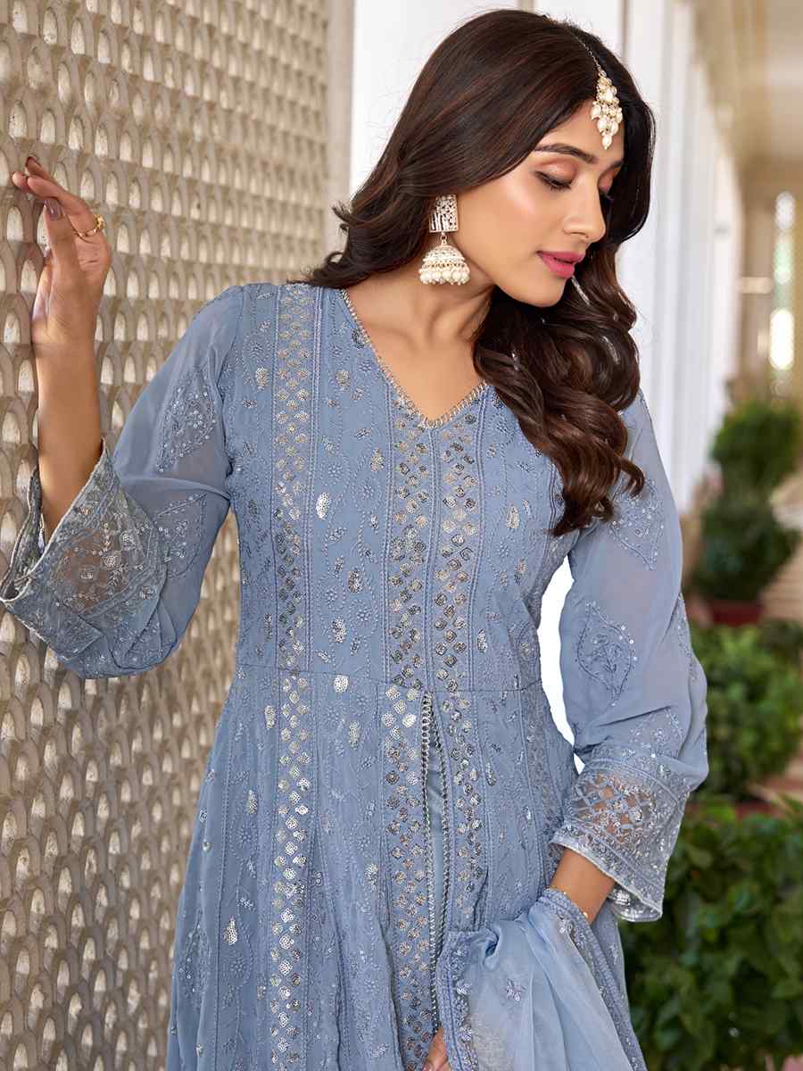 Sea Blue Heavy Faux Georgette Embroidered Festival Wedding Anarkali Salwar Kameez