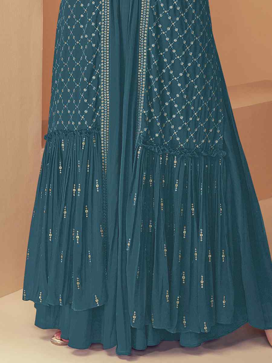 Sea Blue Heavy Faux Georgette Embroidered Festival Wedding Anarkali Salwar Kameez