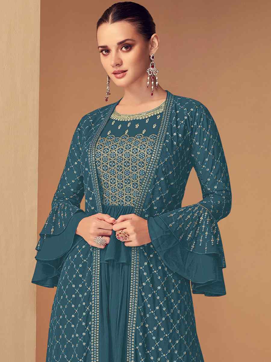 Sea Blue Heavy Faux Georgette Embroidered Festival Wedding Anarkali Salwar Kameez