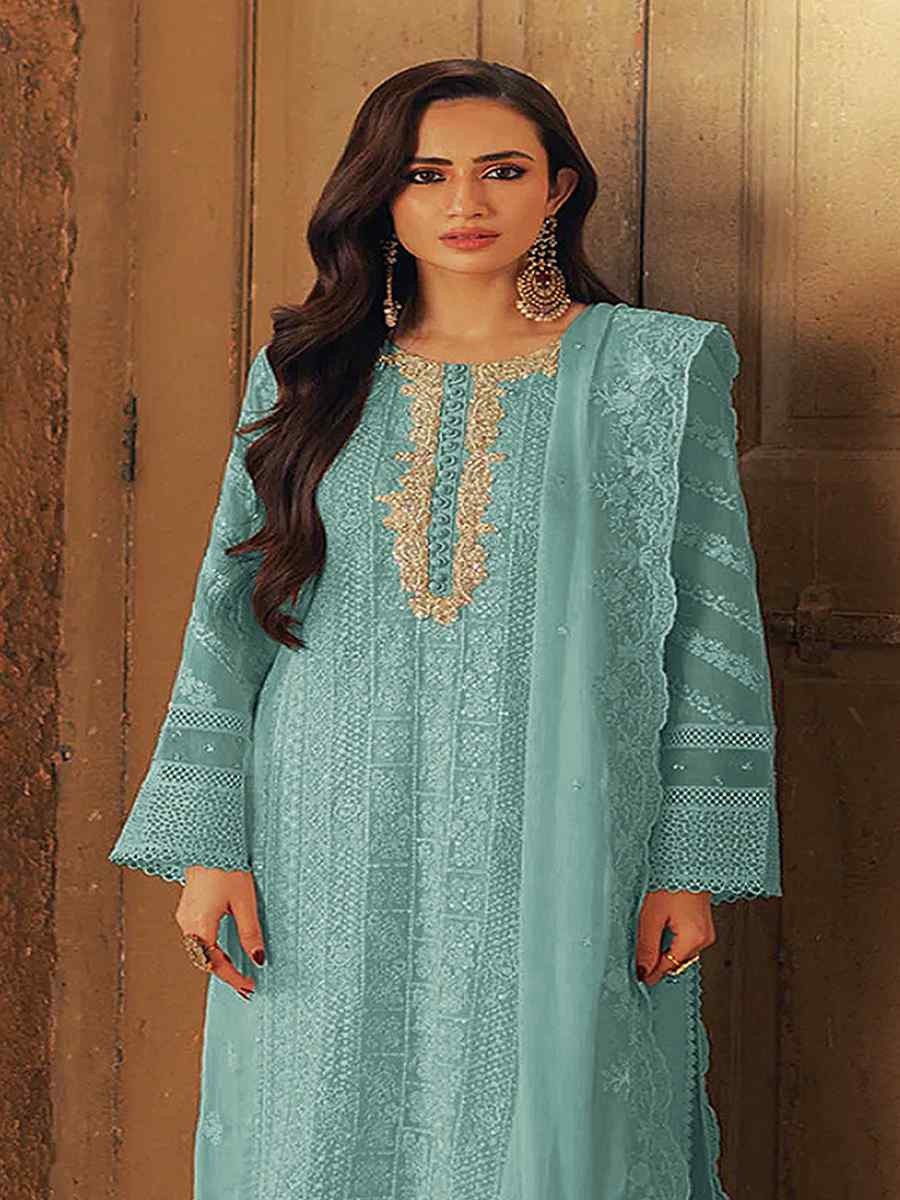 Sea Blue Heavy Faux Georgette Embroidered Festival Wedding Pant Salwar Kameez