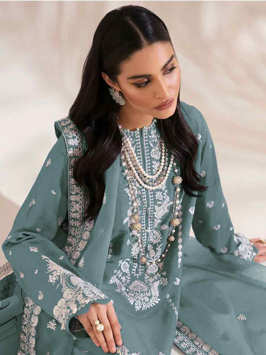 Sea Blue Heavy Faux Georgette Embroidered Festival Wedding Pant Salwar Kameez