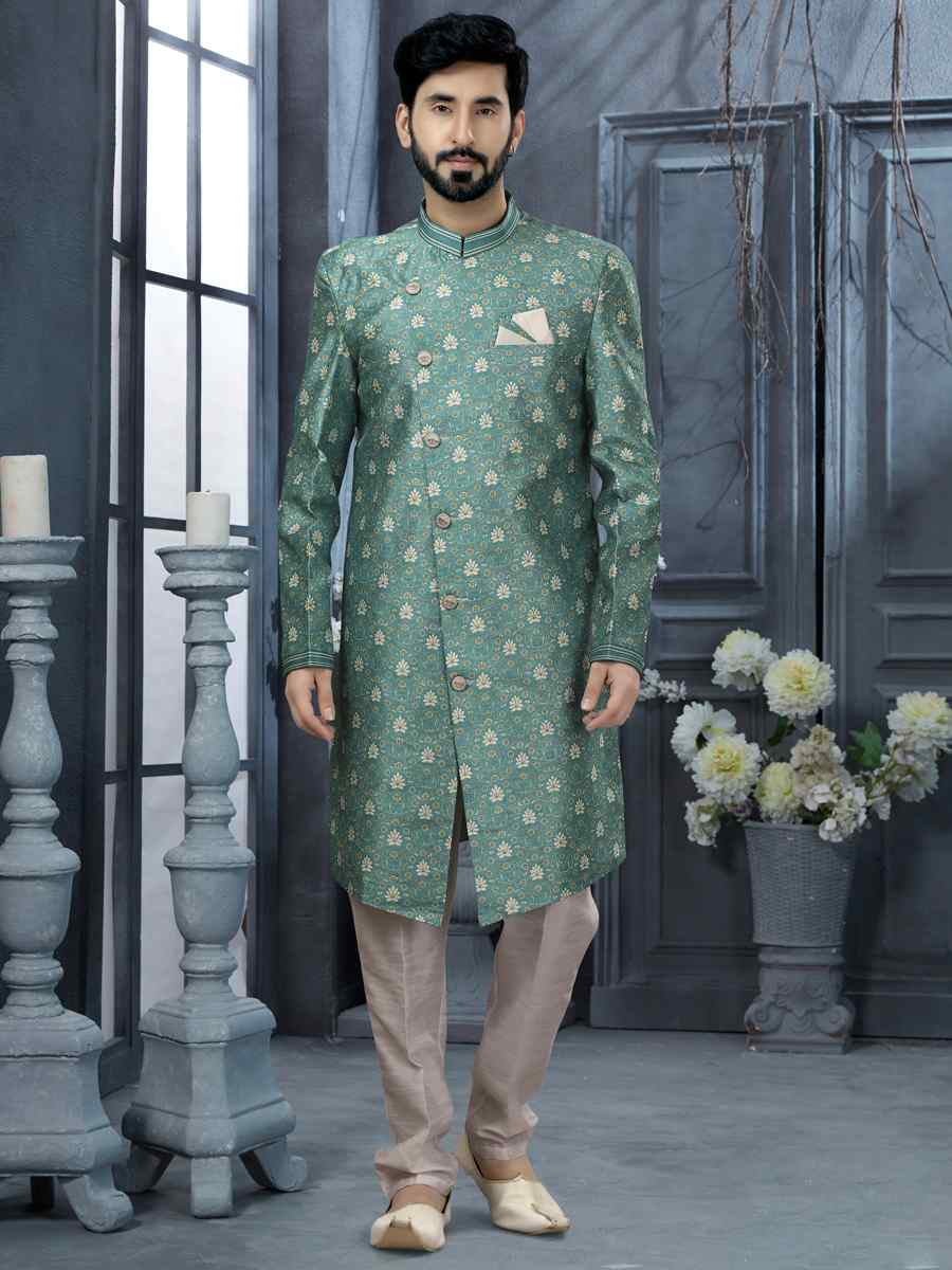 Sea Blue Jacquard Woven Festival Wedding Sherwani