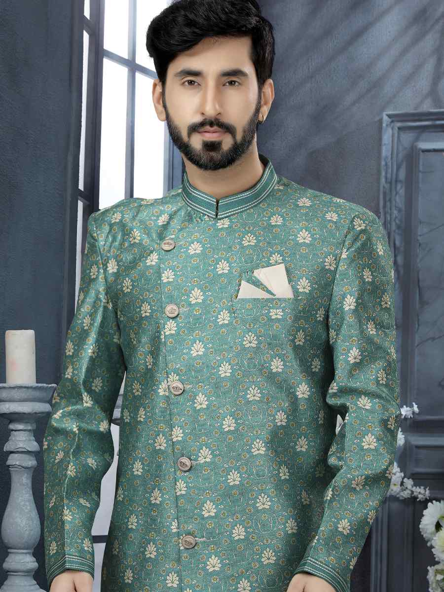 Sea Blue Jacquard Woven Festival Wedding Sherwani