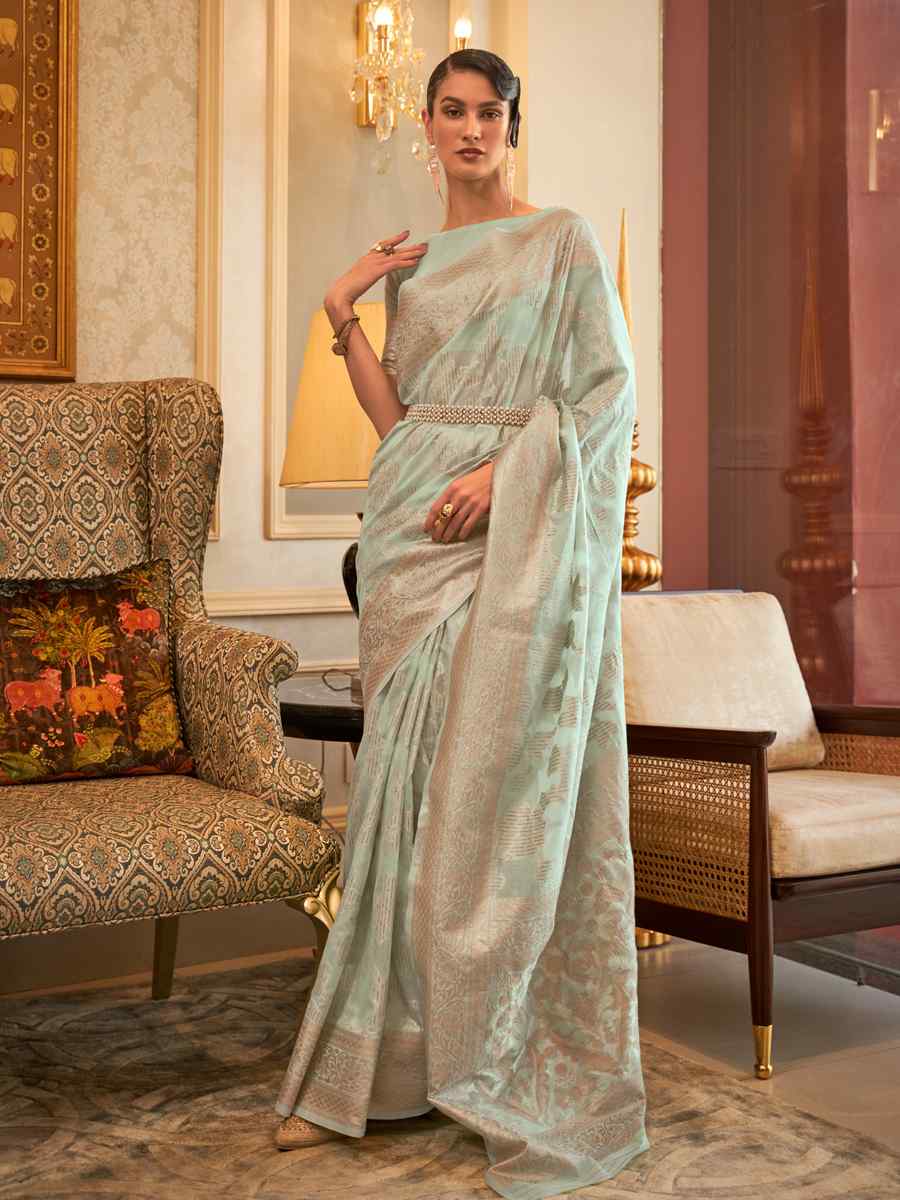 Sea Blue Kanjivaram Silk Handwoven Wedding Festival Heavy Border Saree