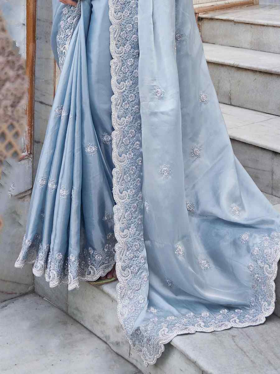 Sea Blue Martini Silk Embroidered Party Festival Heavy Border Saree
