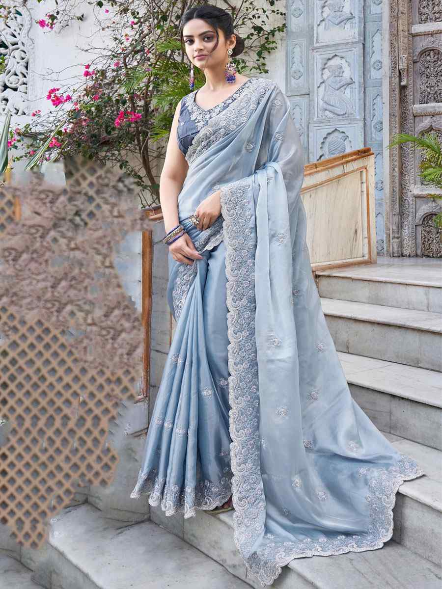 Sea Blue Martini Silk Embroidered Party Festival Heavy Border Saree