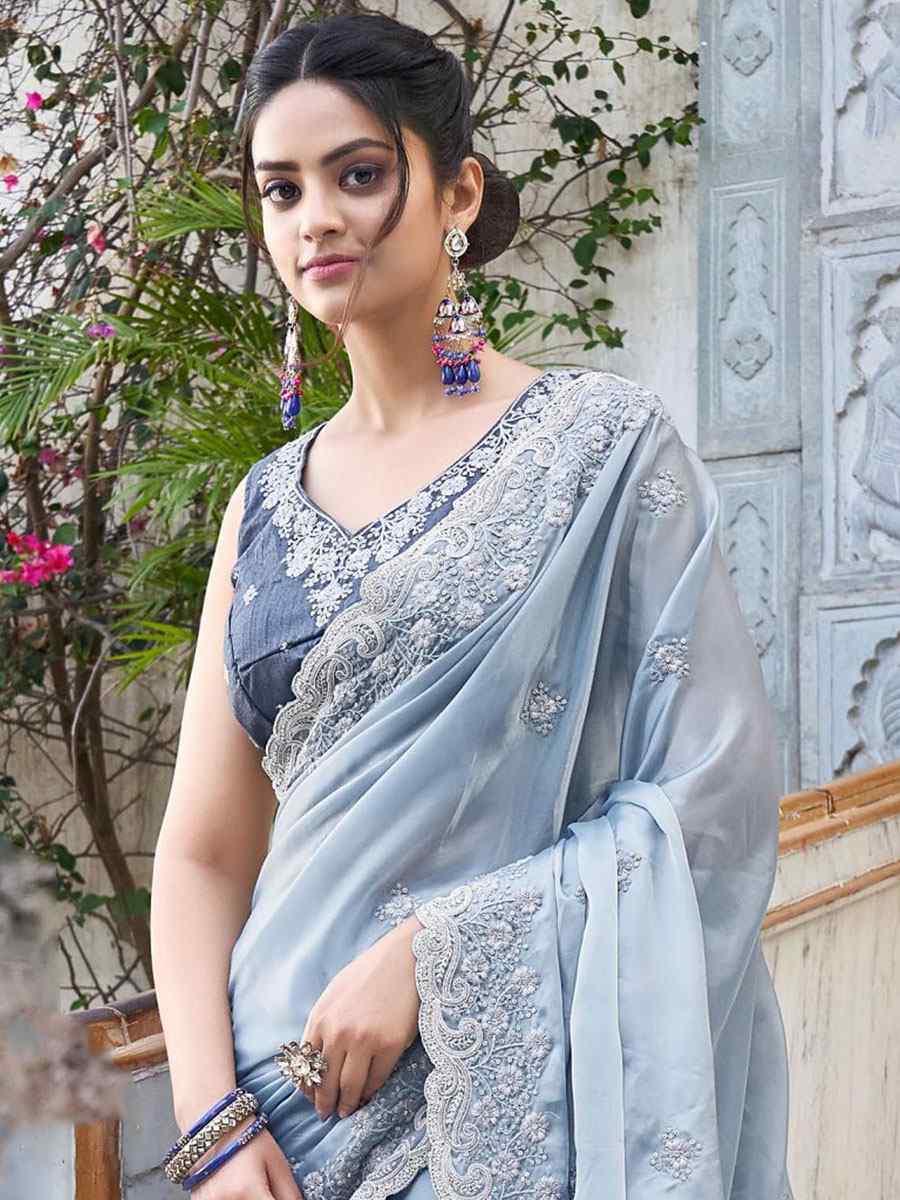 Sea Blue Martini Silk Embroidered Party Festival Heavy Border Saree