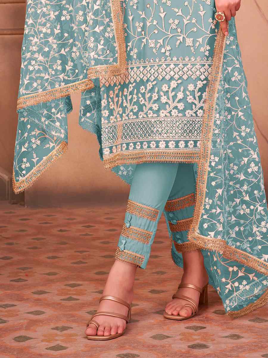 Sea Blue Mono Net Embroidered Wedding Mehendi Pant Salwar Kameez