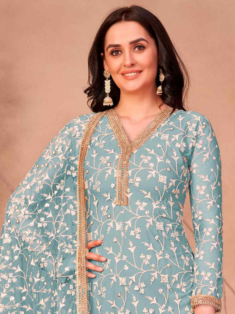 Sea Blue Mono Net Embroidered Wedding Mehendi Pant Salwar Kameez