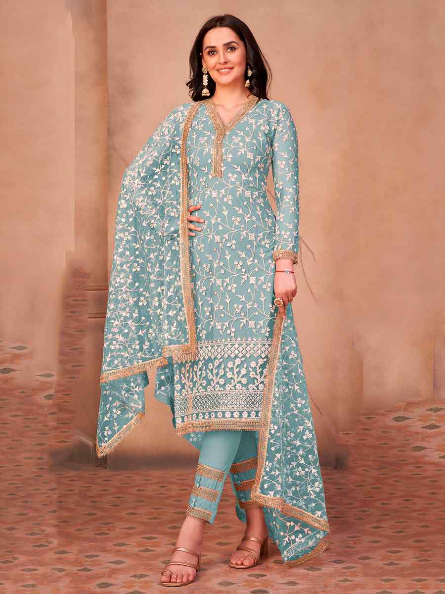 Sea Blue Mono Net Embroidered Wedding Mehendi Pant Salwar Kameez