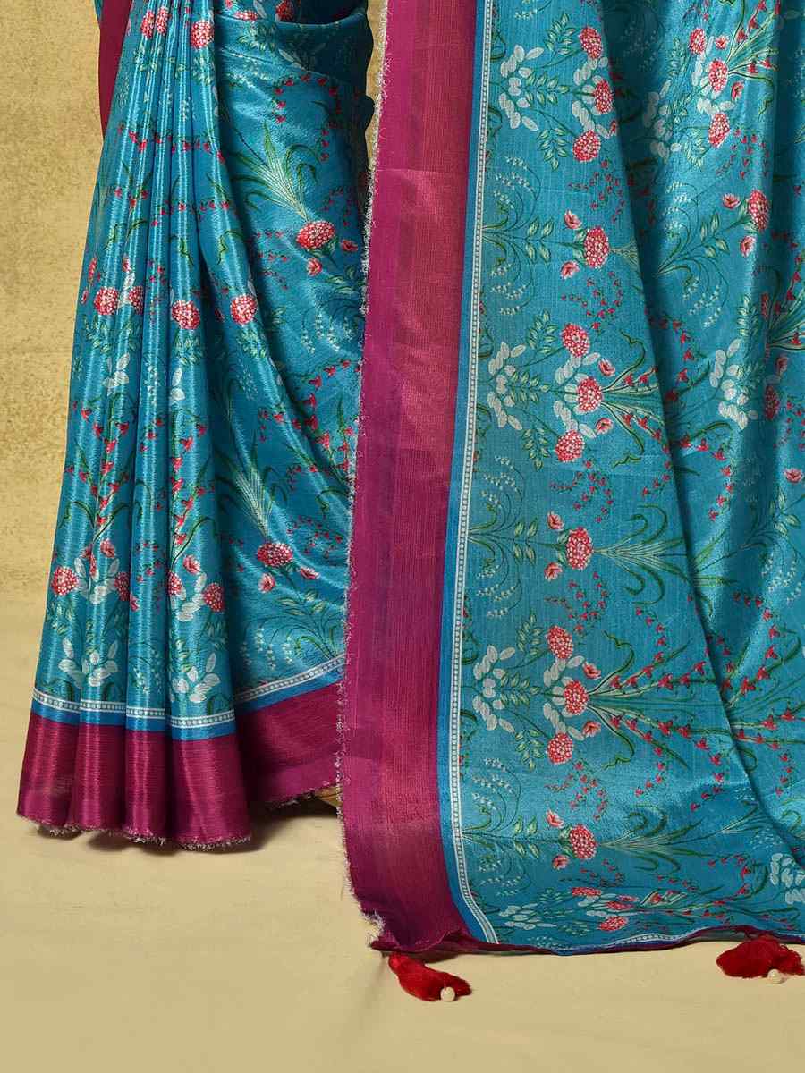 Sea Blue Pure Chinon Printed Party Festival Contemporary Saree