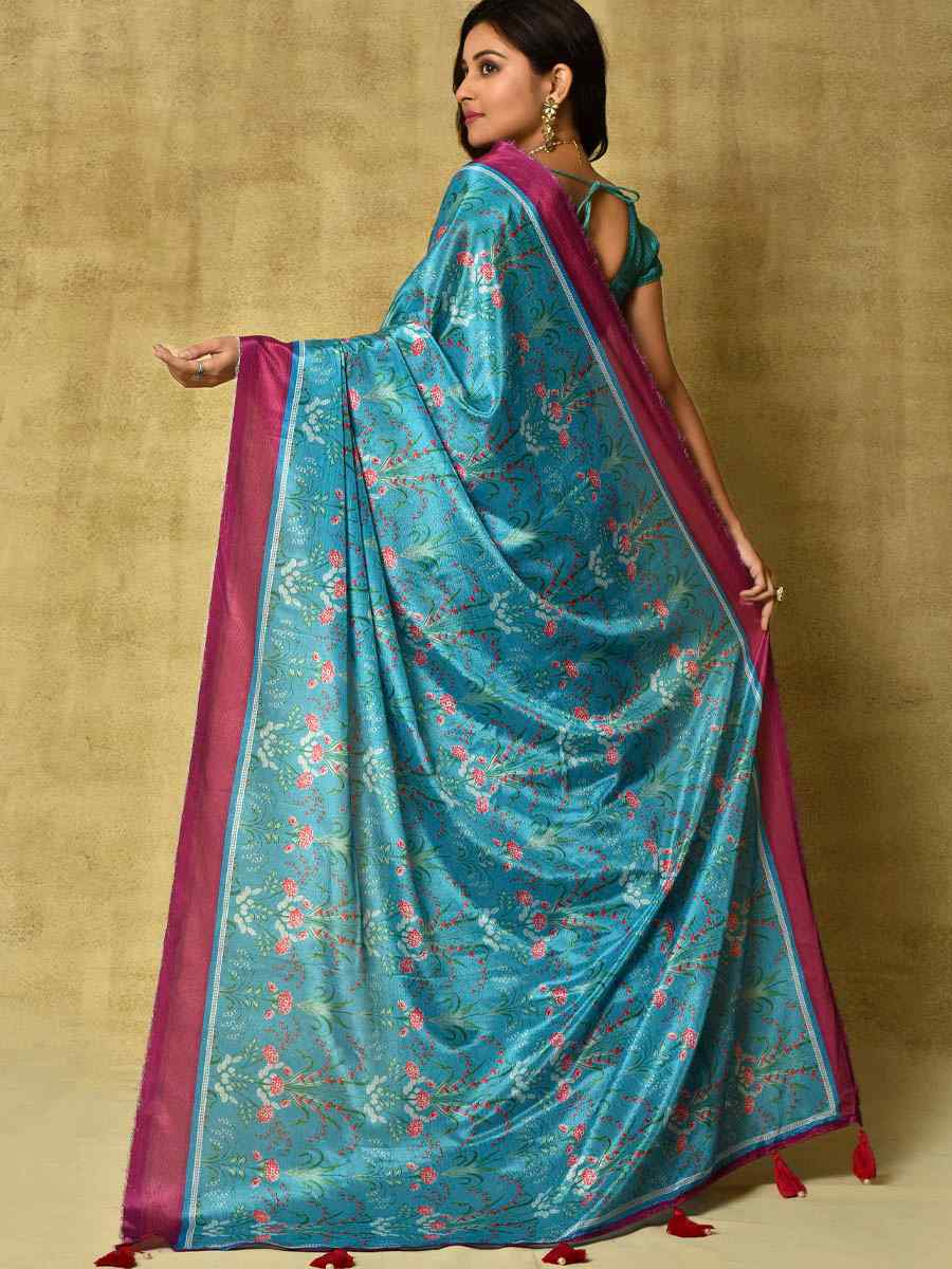 Sea Blue Pure Chinon Printed Party Festival Contemporary Saree