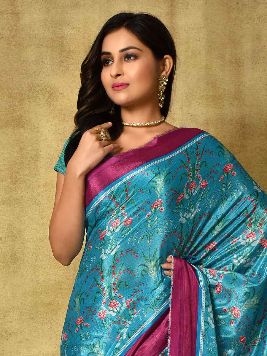 Sea Blue Pure Chinon Printed Party Festival Contemporary Saree