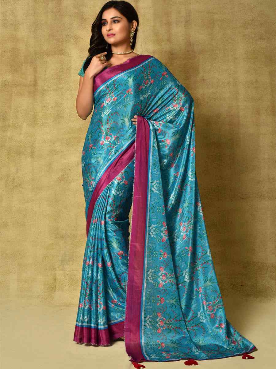 Sea Blue Pure Chinon Printed Party Festival Contemporary Saree