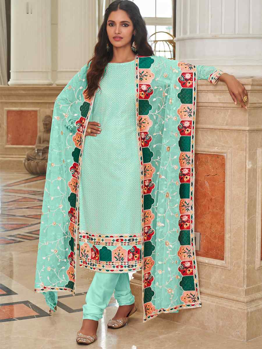 Sea Blue Real Georgette Embroidered Festival Wedding Pant Salwar Kameez