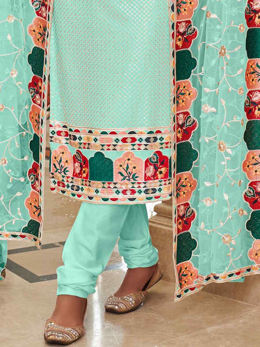 Sea Blue Real Georgette Embroidered Festival Wedding Pant Salwar Kameez