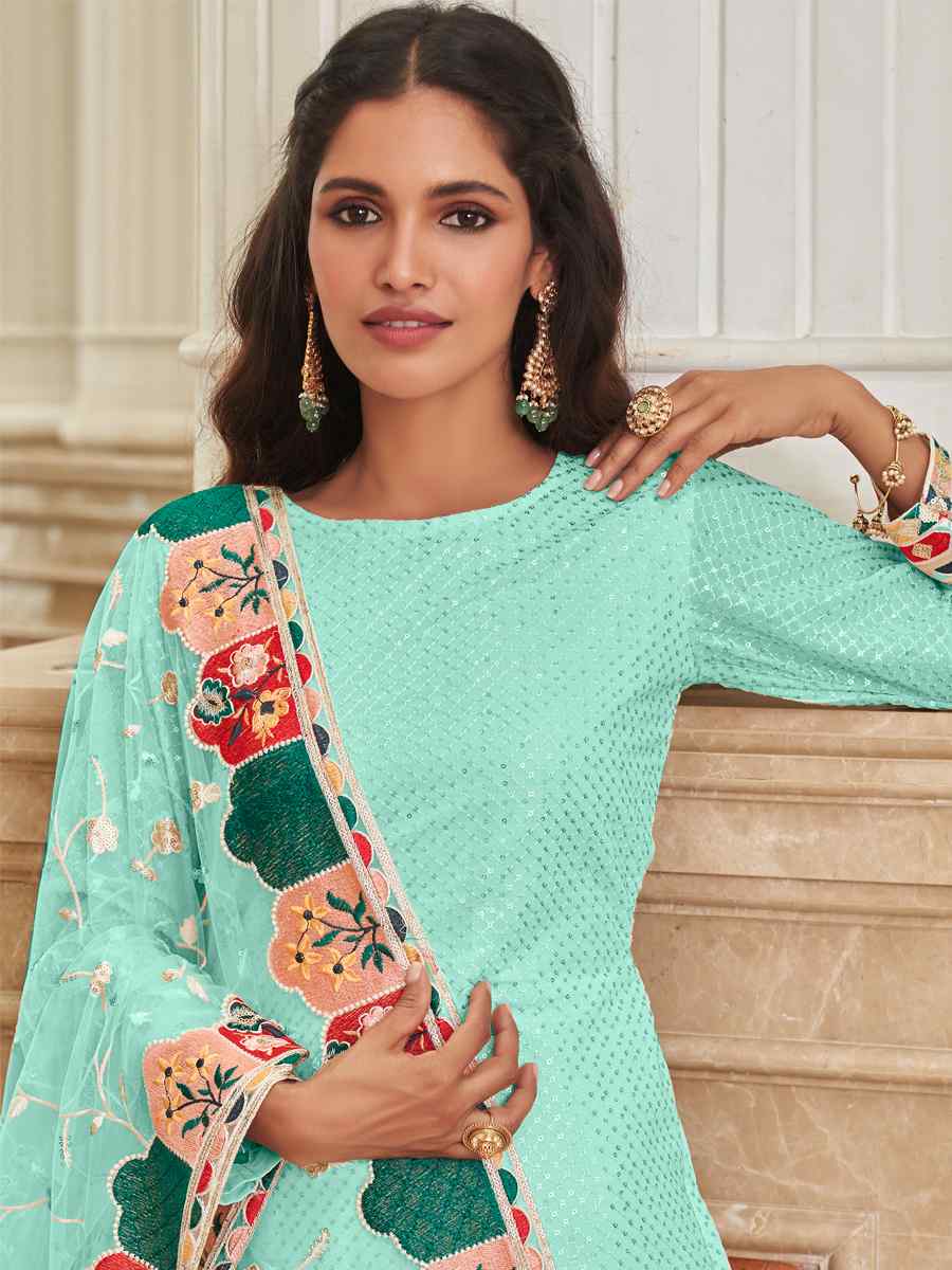 Sea Blue Real Georgette Embroidered Festival Wedding Pant Salwar Kameez