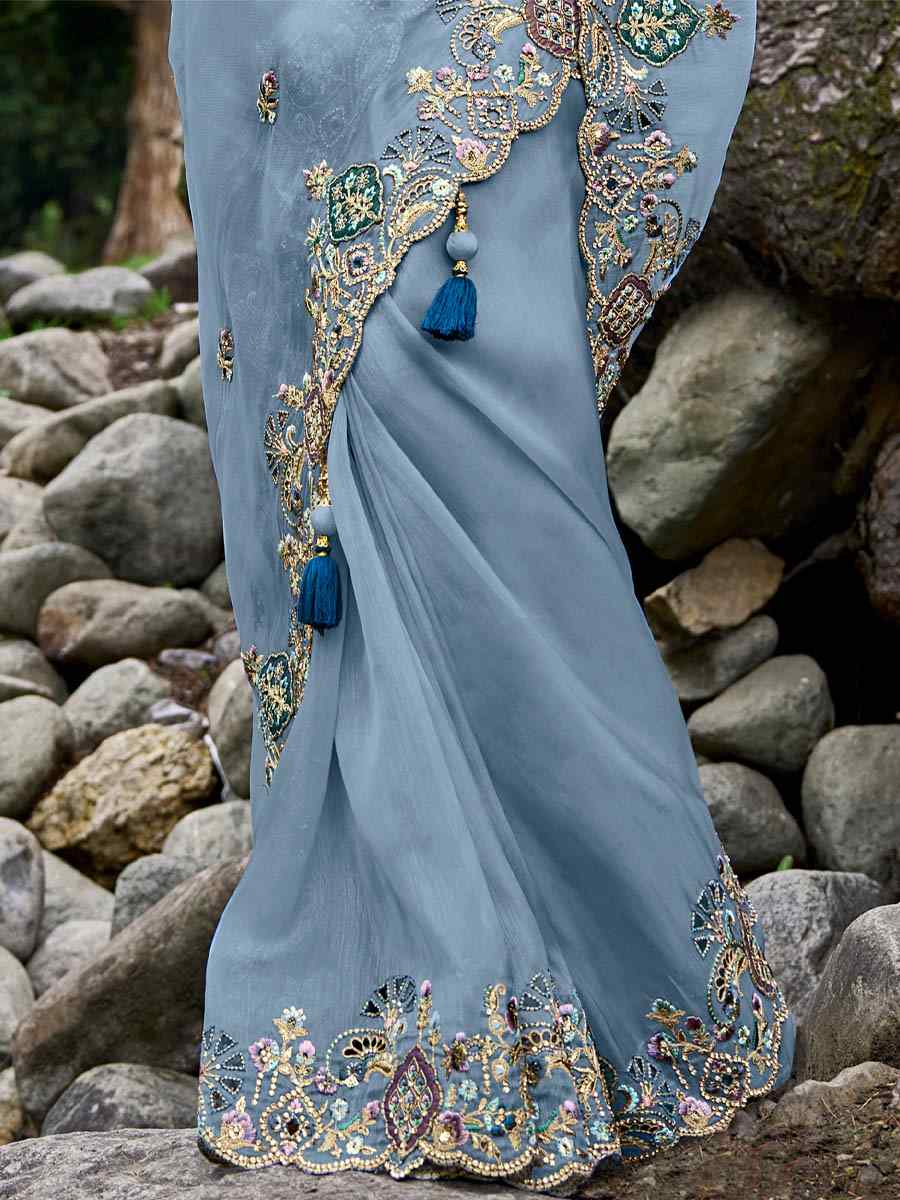 Sea Blue Silk Embroidery Party Reception Heavy Border Saree