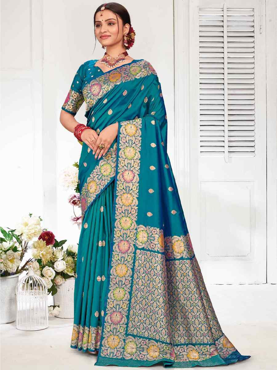 Sea Blue Silk Handwoven Festival Wedding Fancy Heavy Border Saree