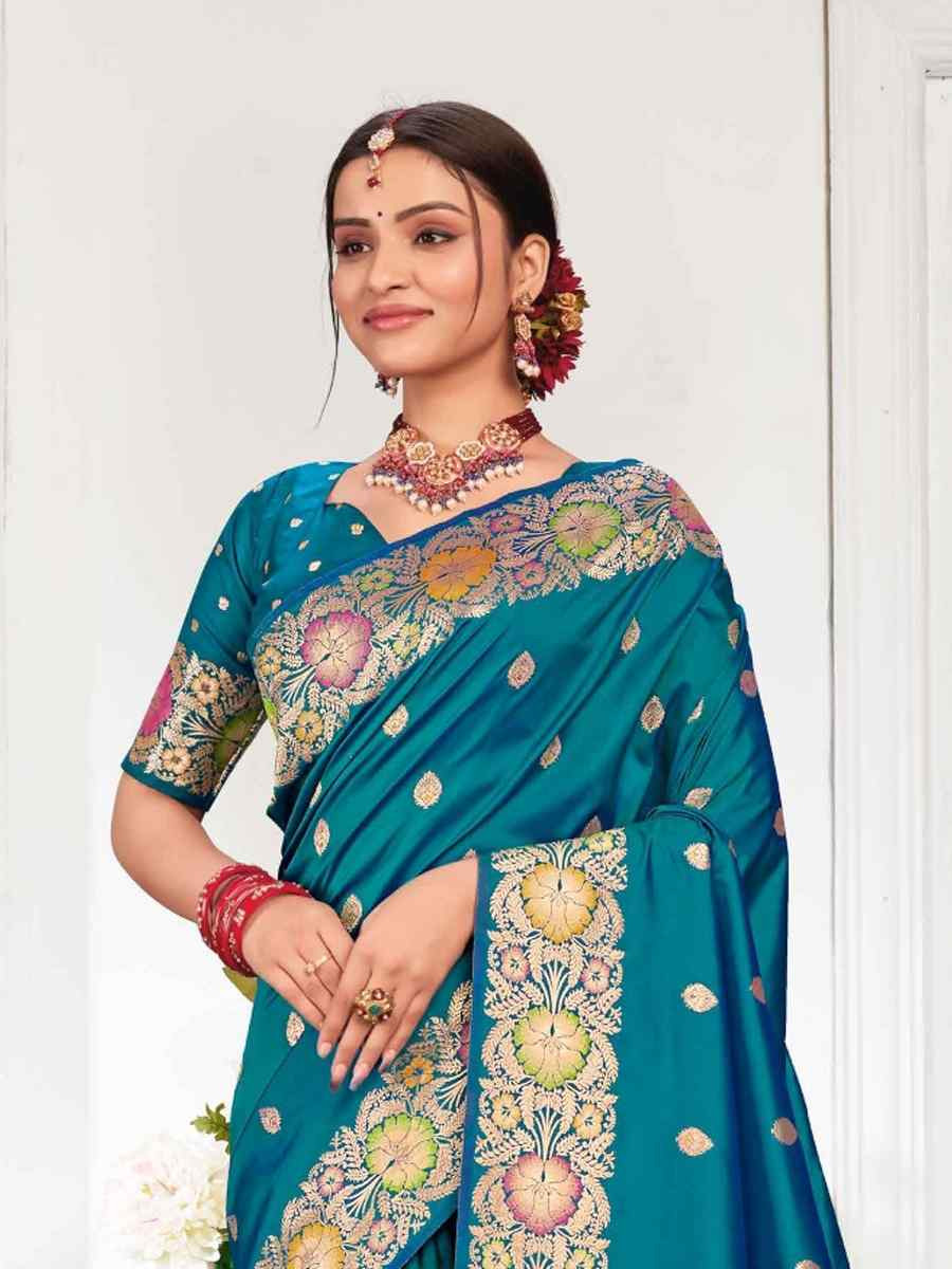 Sea Blue Silk Handwoven Festival Wedding Fancy Heavy Border Saree