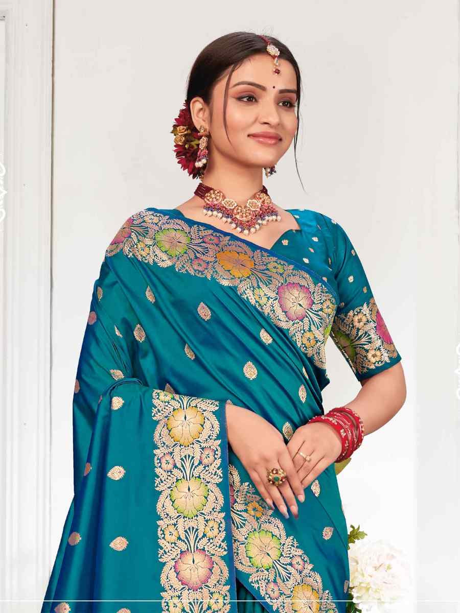 Sea Blue Silk Handwoven Festival Wedding Fancy Heavy Border Saree