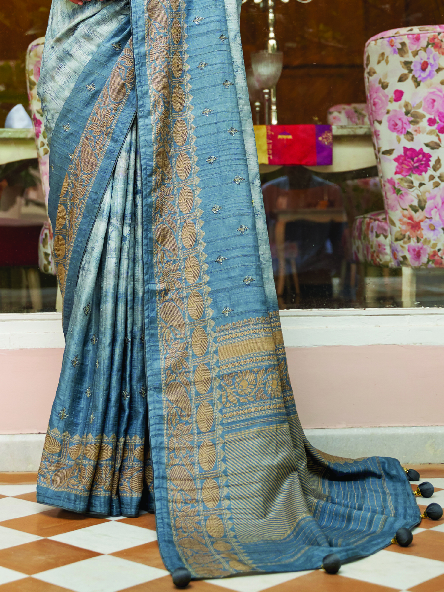 Sea Blue Soft Khadi Silk Printed Casual Festival Contemporary Saree