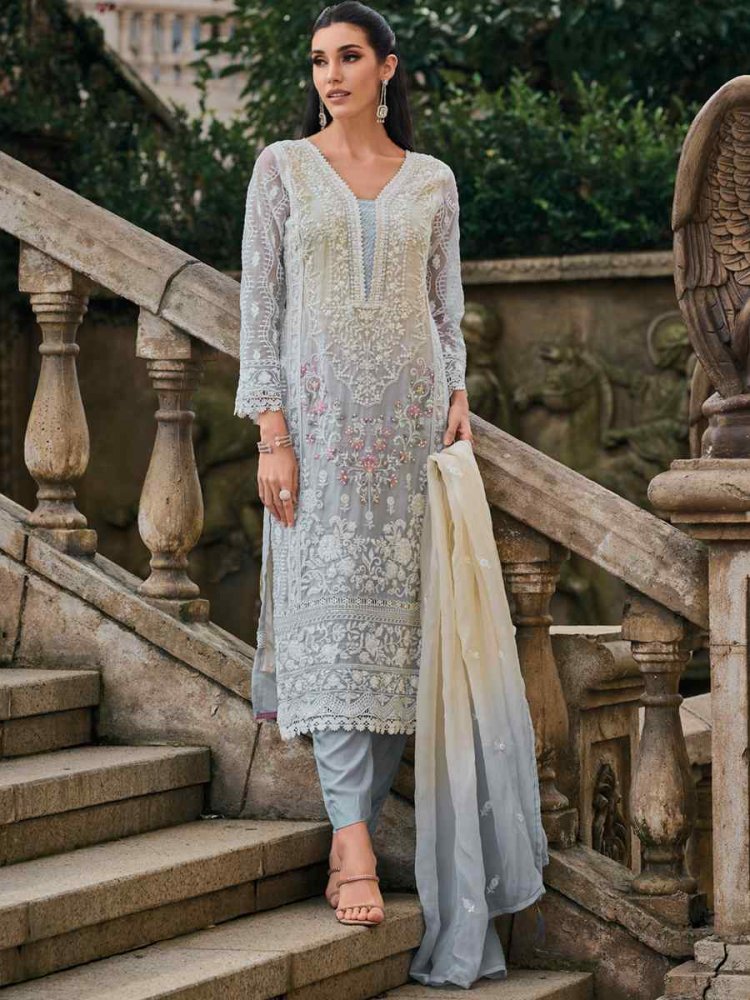 Sea Blue Soft Organza Embroidered Festival Party Ready Pant Salwar Kameez