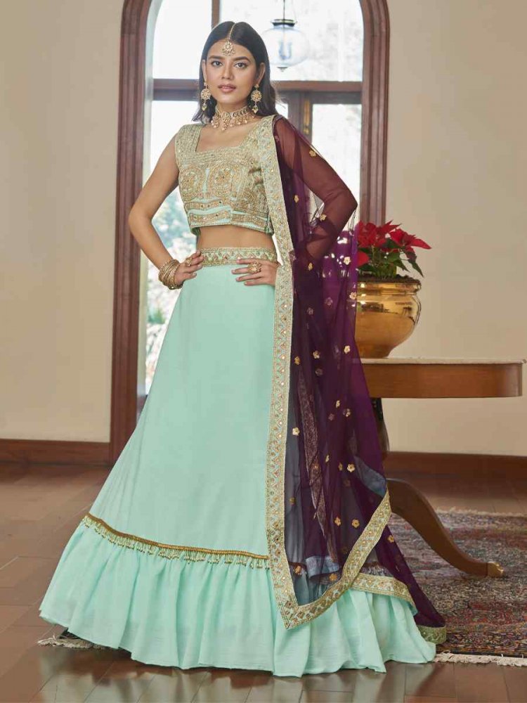 Sea Blue Titan Silk Embroidered Party Festival Circular Lehenga Choli