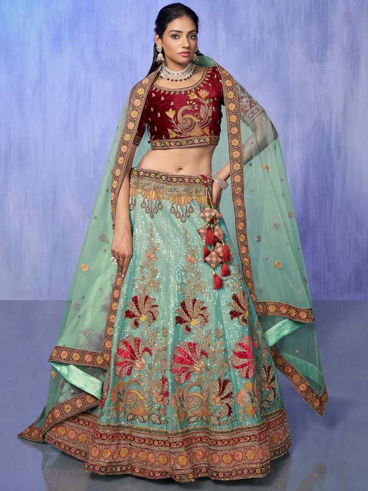 Sea Blue Velvet Embroidered Bridal Reception Heavy Border Lehenga Choli