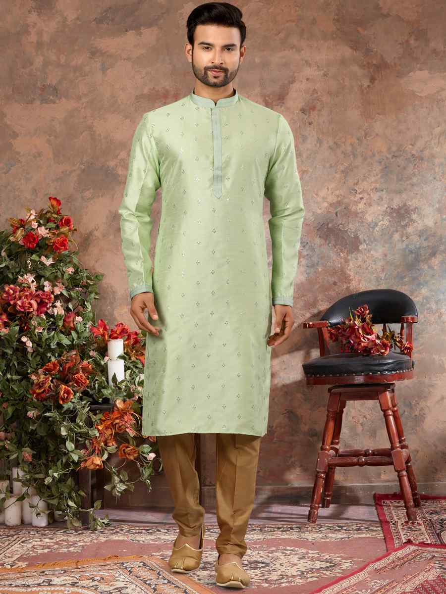 Sea Foam Green Silk Woven Festival Party Kurta