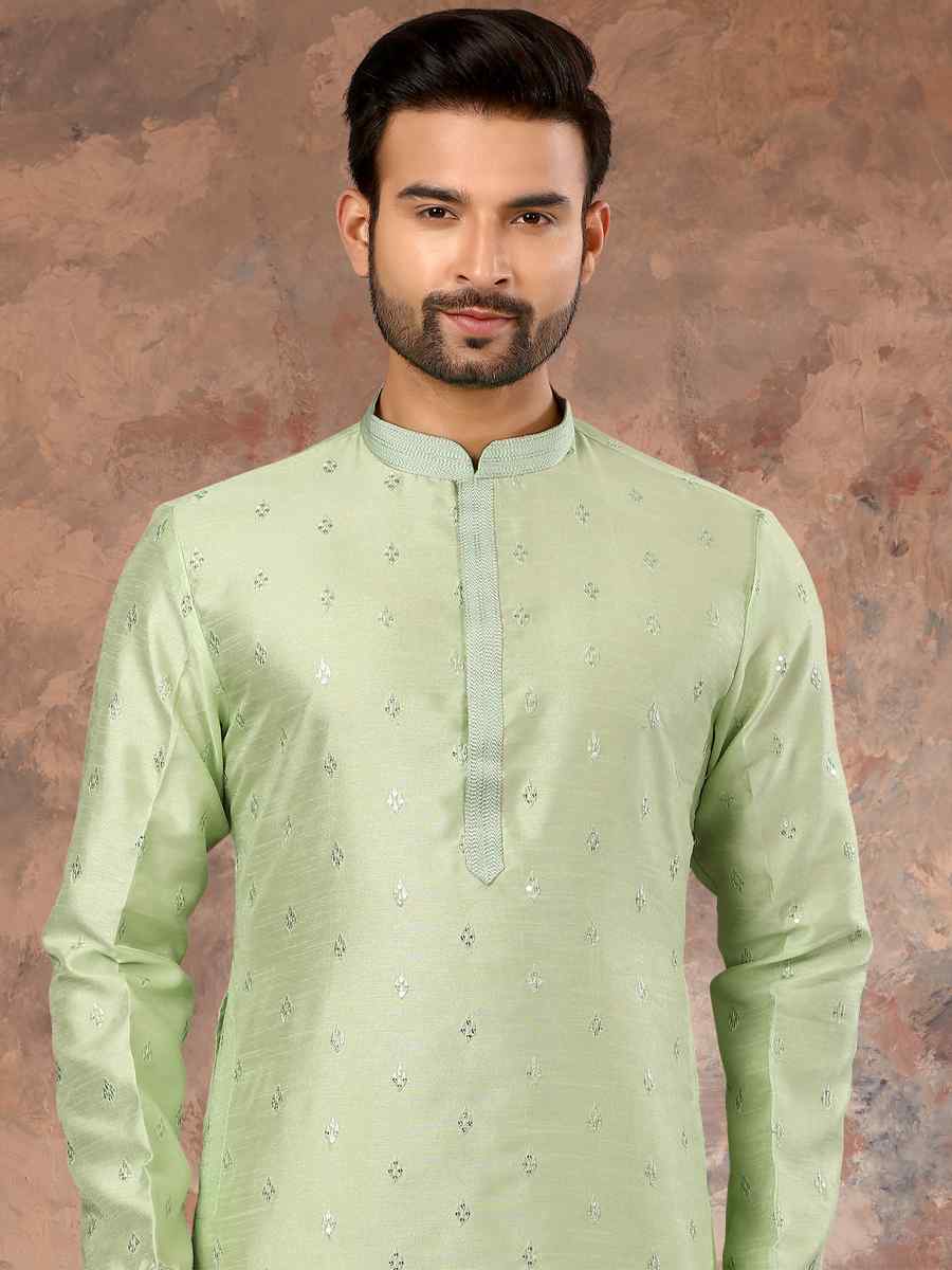Sea Foam Green Silk Woven Festival Party Kurta