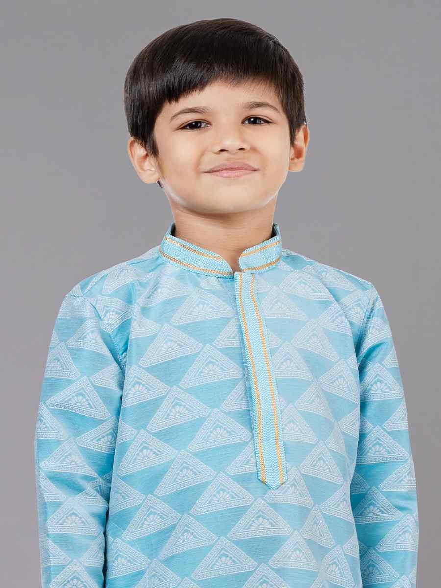 Sea Green Jacquard Silk Embroidered Festival Traditional Kurta Pyjama Boys Wear
