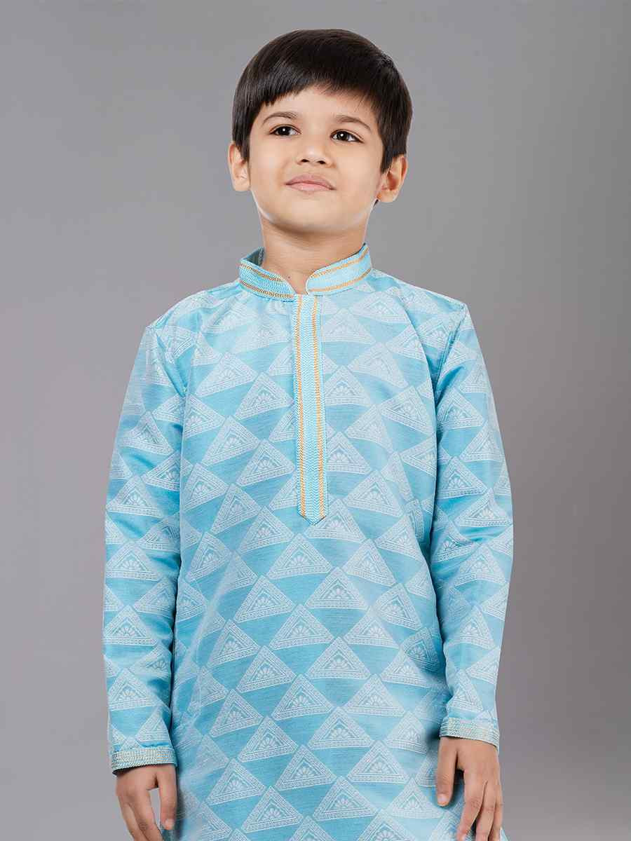 Sea Green Jacquard Silk Embroidered Festival Traditional Kurta Pyjama Boys Wear