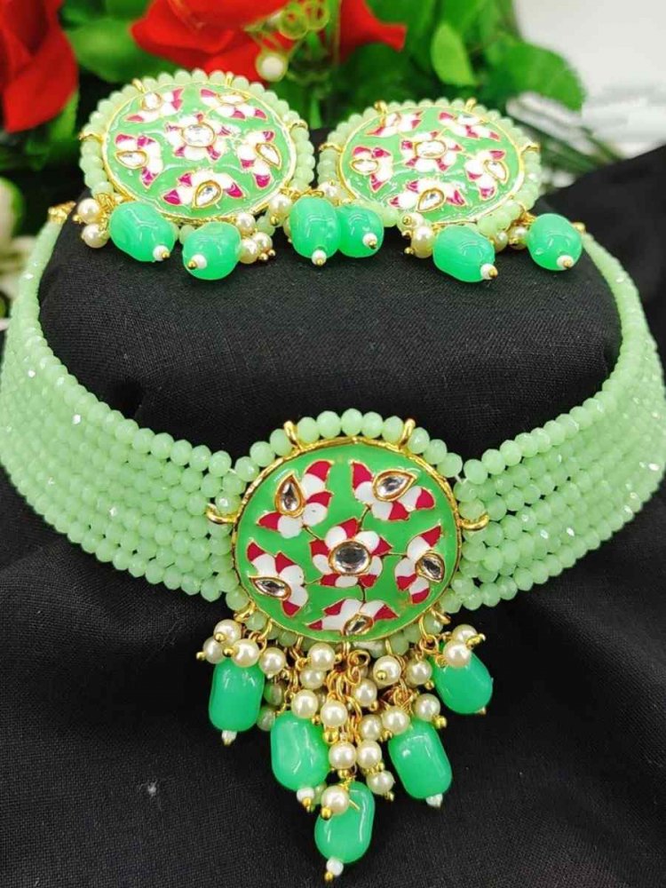 Sea Green Alloy Bridal Wear Kundan Necklace
