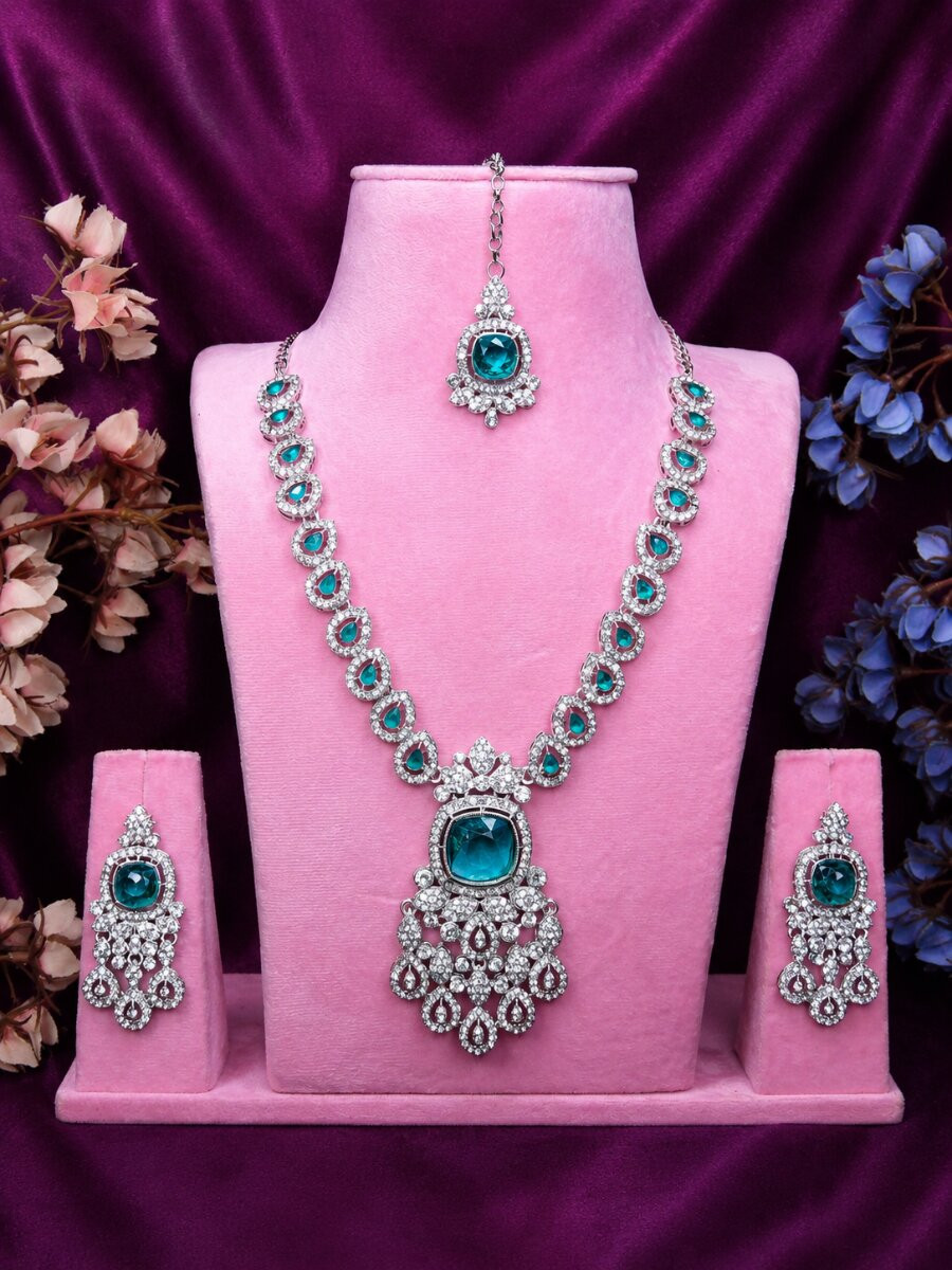 Sea Green Alloy Metal Gemstone Festival Party Wedding Necklace