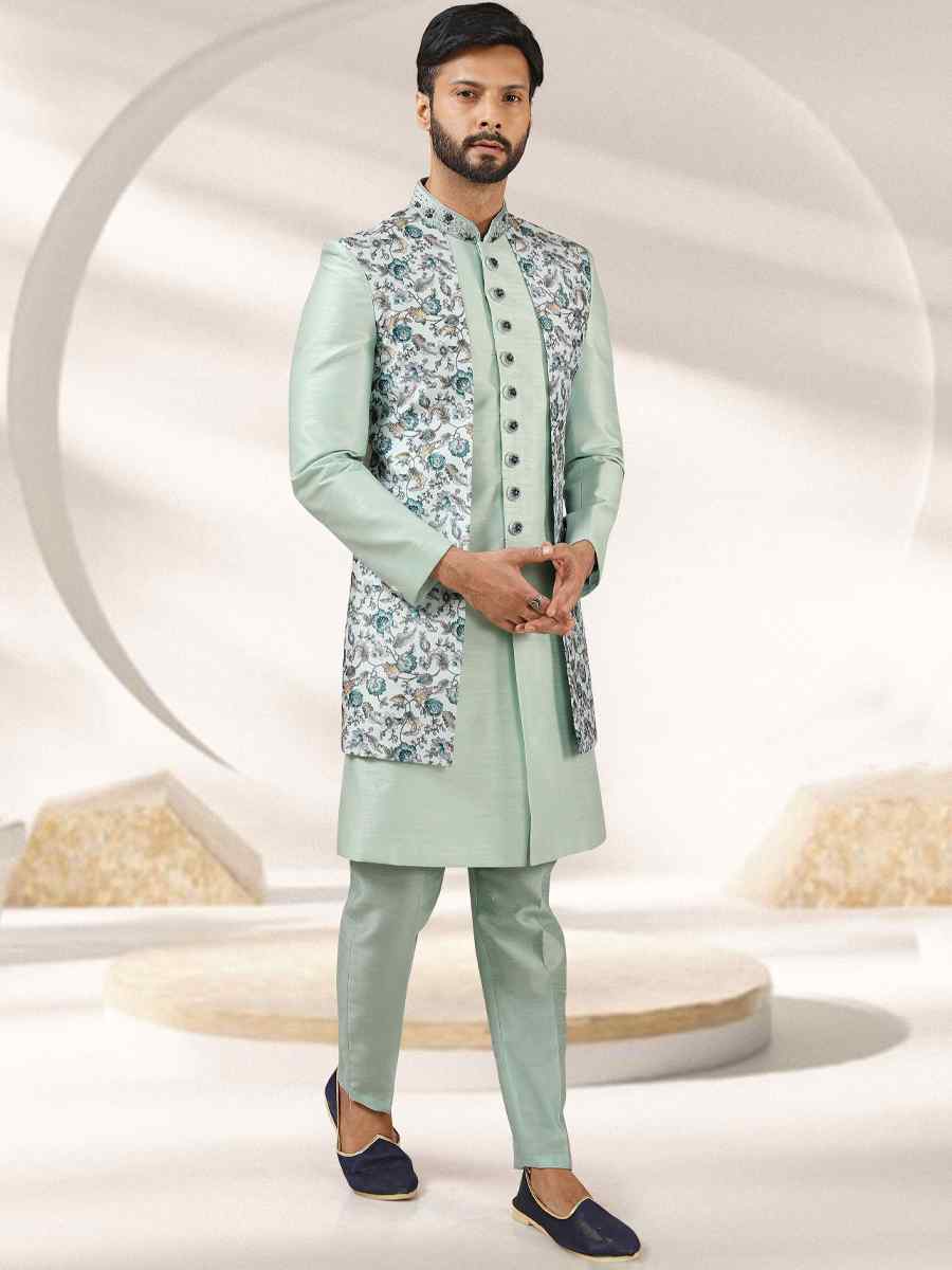 Sea Green Art Banarasi Printed Festival Party Sherwani