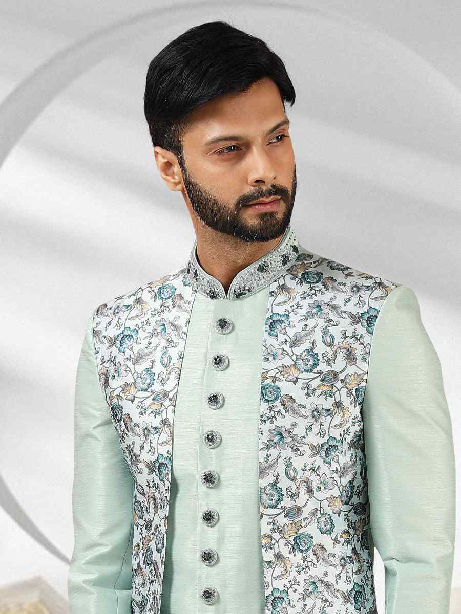 Sea Green Art Banarasi Printed Festival Party Sherwani