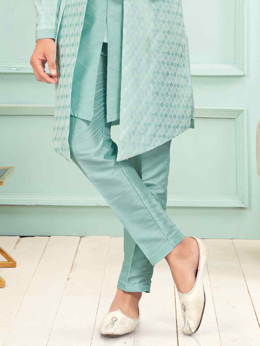 Sea Green Art Silk Embroidered Festival Wedding Kurta