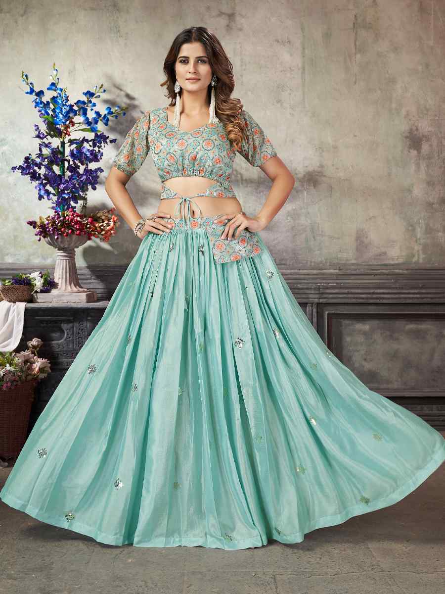 Sea Green Art Silk Embroidery Festival Wedding Circular Ready Lehenga Choli