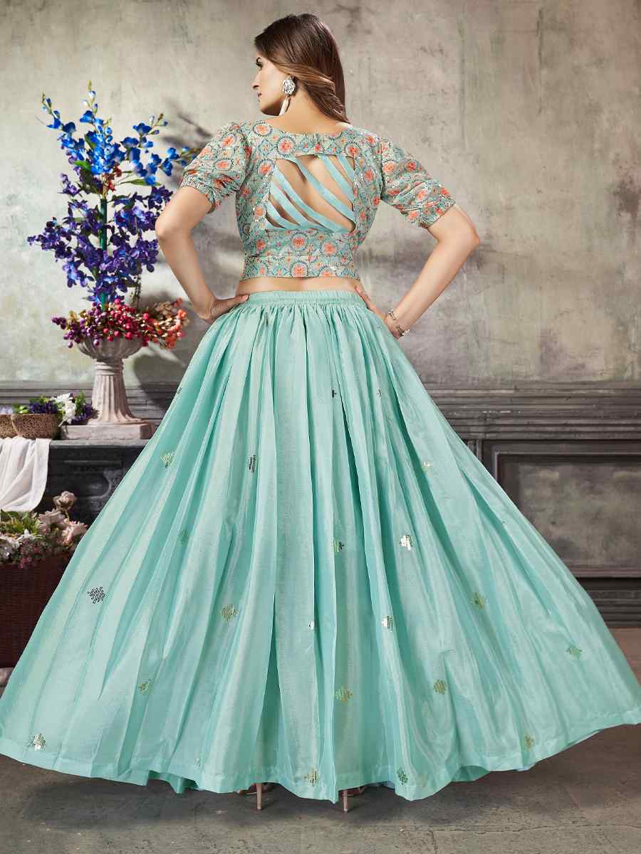 Sea Green Art Silk Embroidery Festival Wedding Circular Ready Lehenga Choli