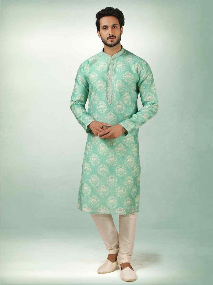 Sea Green Art Silk Printed Festival Kurta