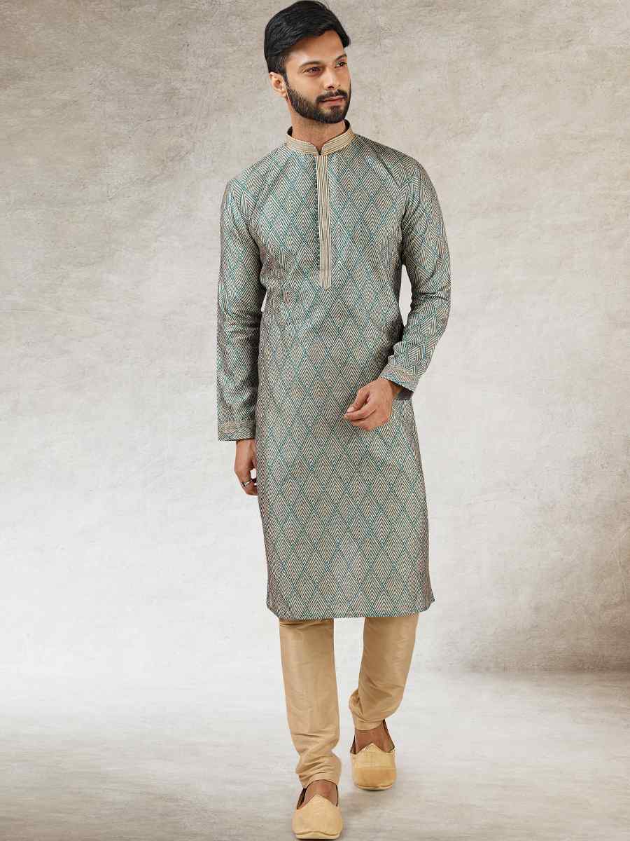 Sea Green Art Silk Printed Festival Kurta