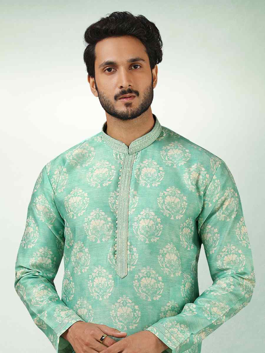 Sea Green Art Silk Printed Festival Kurta