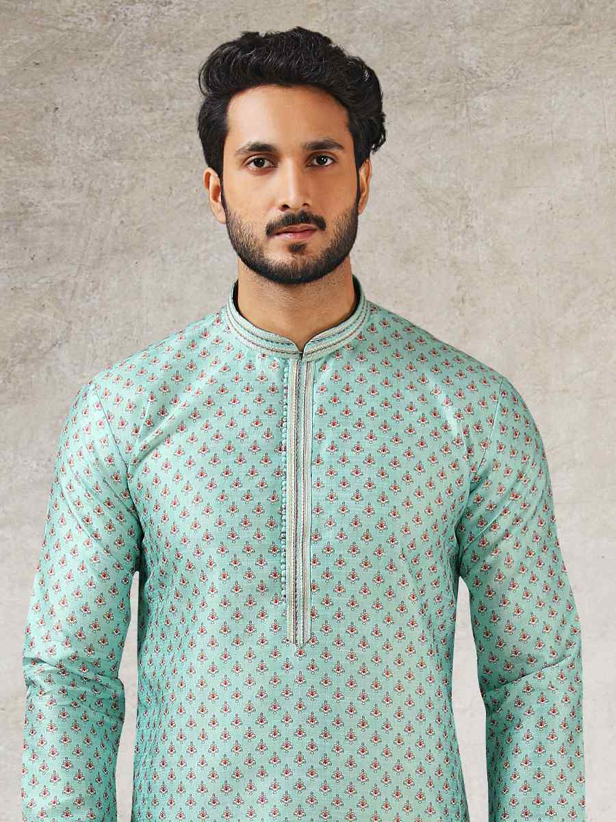 Sea Green Art Silk Printed Festival Kurta